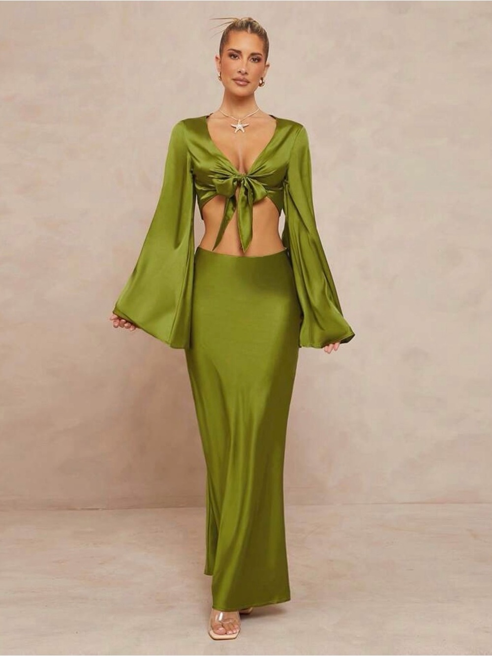 Olive Green Satin Maxi Skirt